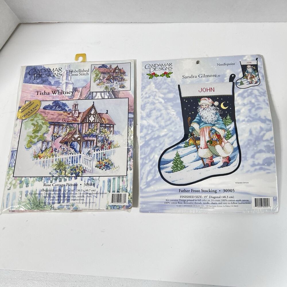Lot Of 2 Candamar Designs Cross Stitch Kits 50638 & 30905 Rose Cottage Stocking